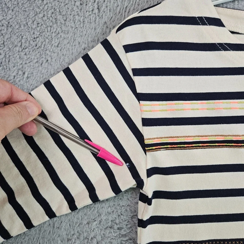 J‎ Crew Top Blouse Women Small Tribal Embroidered Cream Black Striped - S